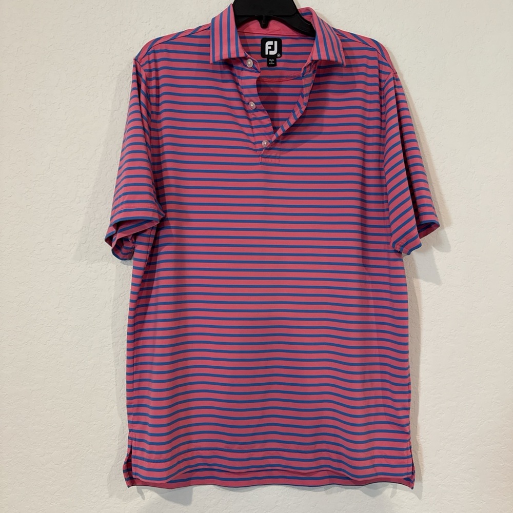 Footjoy Men's Pink and Blue Striped Shirt